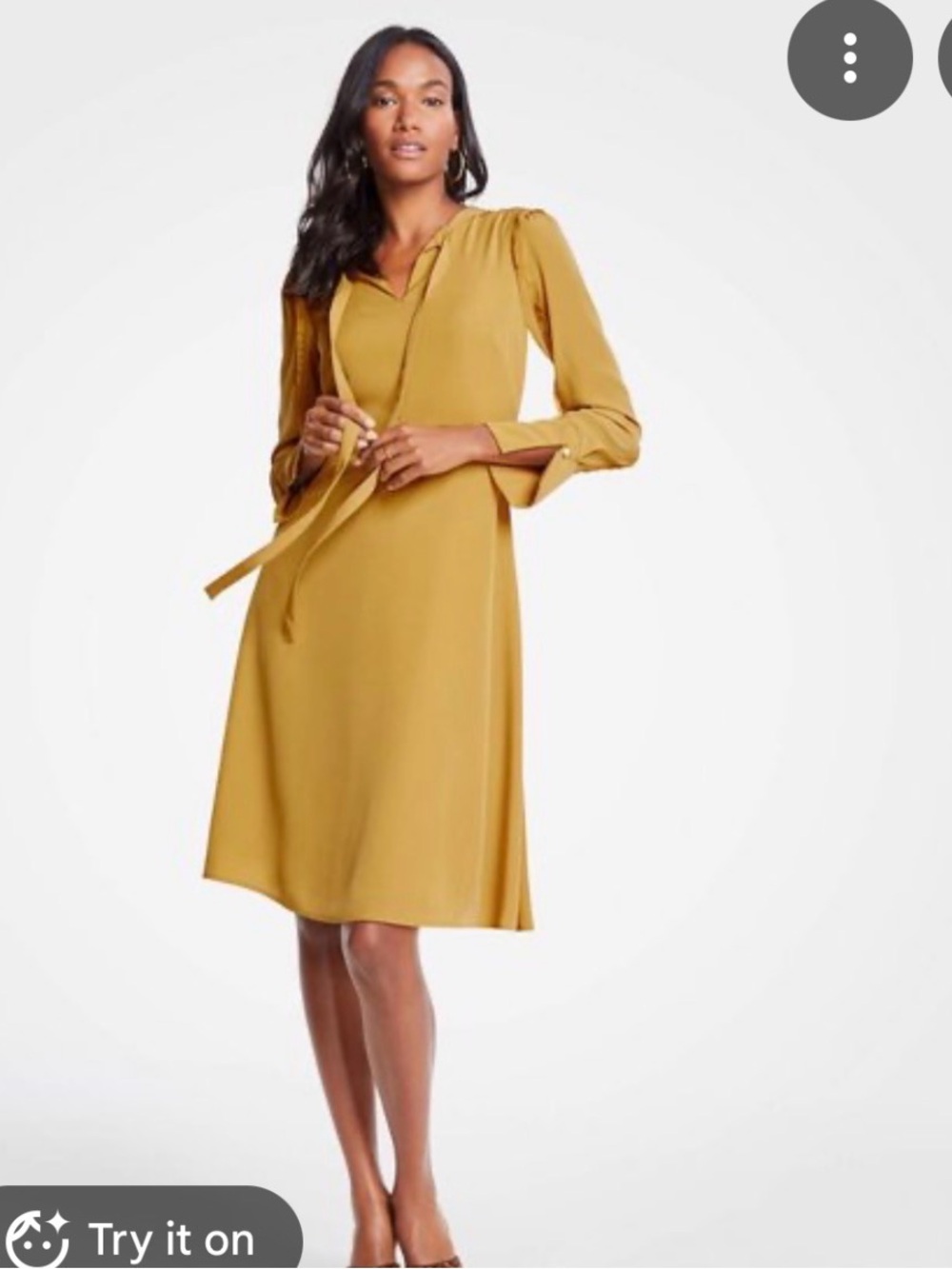 Ann Taylor Mustard Tie-Neck Long-Sleeve A-Line Dress